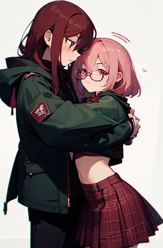 multiple characters in scene, 2 girls, softly toned young , small breasts, short scruffy red hair, fox girl, pale blue eyes and black glasses, wearing a dark green jacket, hugging, pink haired flat chested girl with pink eyes wearing a plaid skirt with black crop top and plaid black jacket and tech mask