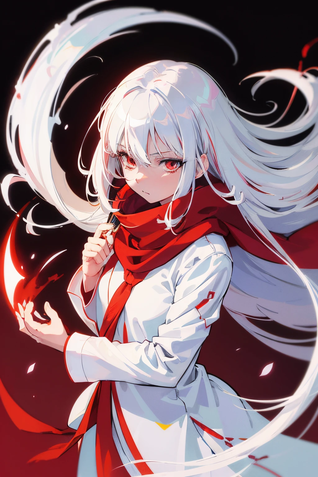 anime girl with white hair and red scarf holding a knife, flat anime style shading, cel - shaded art style, vector shaded anime, white haired, clean detailed anime style, colored lineart, coloured line art, white haired lady, white-haired, ((red)) baggy eyes, colored sketch anime manga panel, silver haired, clean cel shaded, white haired deity