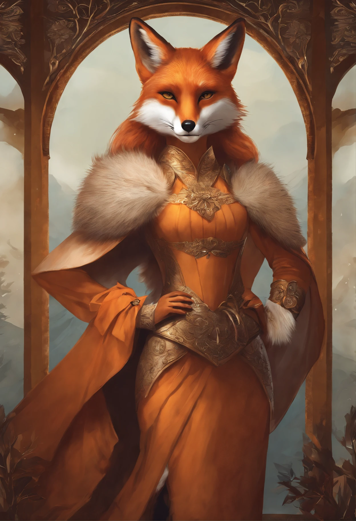 a woman in a dress with a fox on her shoulder is standing, Armor dress, Inspired by Kitsune, fur armor, wearing intricate fur armor, Wearing fur armor, a beautiful fox lady, an anthro fox, anthro art, Fur and leather armor, portrait of an anthro fox, very very beautiful furry art, an anthropomorphic fox, female fox
