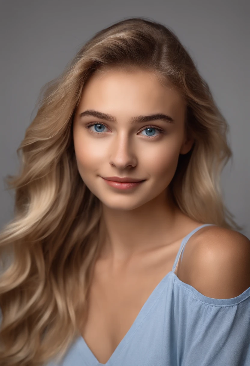 RAW photo in sequence, a photo of a 16-year-old teenager, ((selfie from the full upper body of the body, happy)), full length, detailed photos, studio shot, studio light, HDR, realistic photos, professional photos, professional photos, visually professional, photorealista, natural skin, 8k UHD, high quality, filmic grain, Fujifilm XT3, blonde hair, blue eyes, Olivia Dunne, Detailled touch, black collar shirt, looks straight to the camera