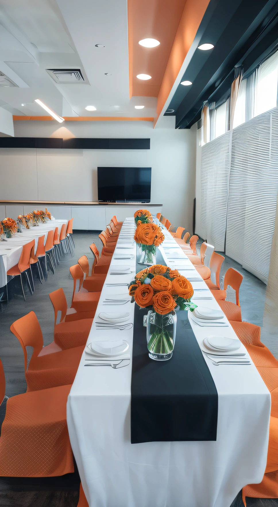 There are a lot of tables，There is an orange, Red and yellow tablecloth and flowers, The tablecloth is orange，Long table, Orange theme and green accents, orange and theme, ready for a meeting, containing tables and walls, orange color theme, orange and white color scheme, look at the details, business ready, clean and pristine design, with backdrop of natural light, Orange and gray theme