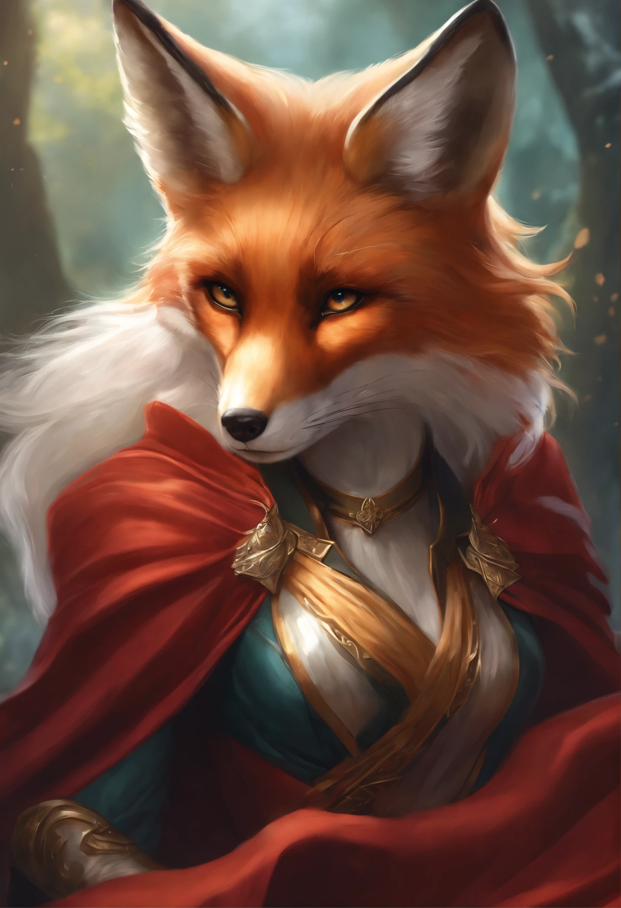 there is a fox with a long tail and a cape, a beautiful fox lady, extremely detailed artgerm, portrait of an anthro fox, art of silverfox, artgerm detailed, artgerm on artstation pixiv, very very beautiful furry art, female fox, Armor dress, Inspired by Kitsune, aly fell and artgerm