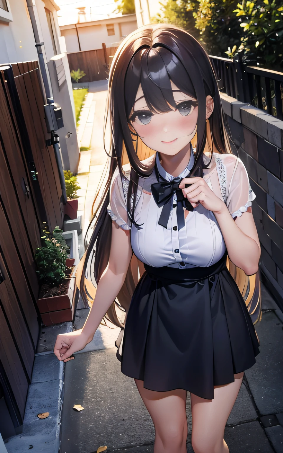 Realistic, outdoor, 1wall, wide angle,1girl, long hair, shy, embarrassed, blushed, wide angle, POV, from above, standing, neck in shackles, neck chained on wall, light rays, glow, (masterpiece), wallpaper