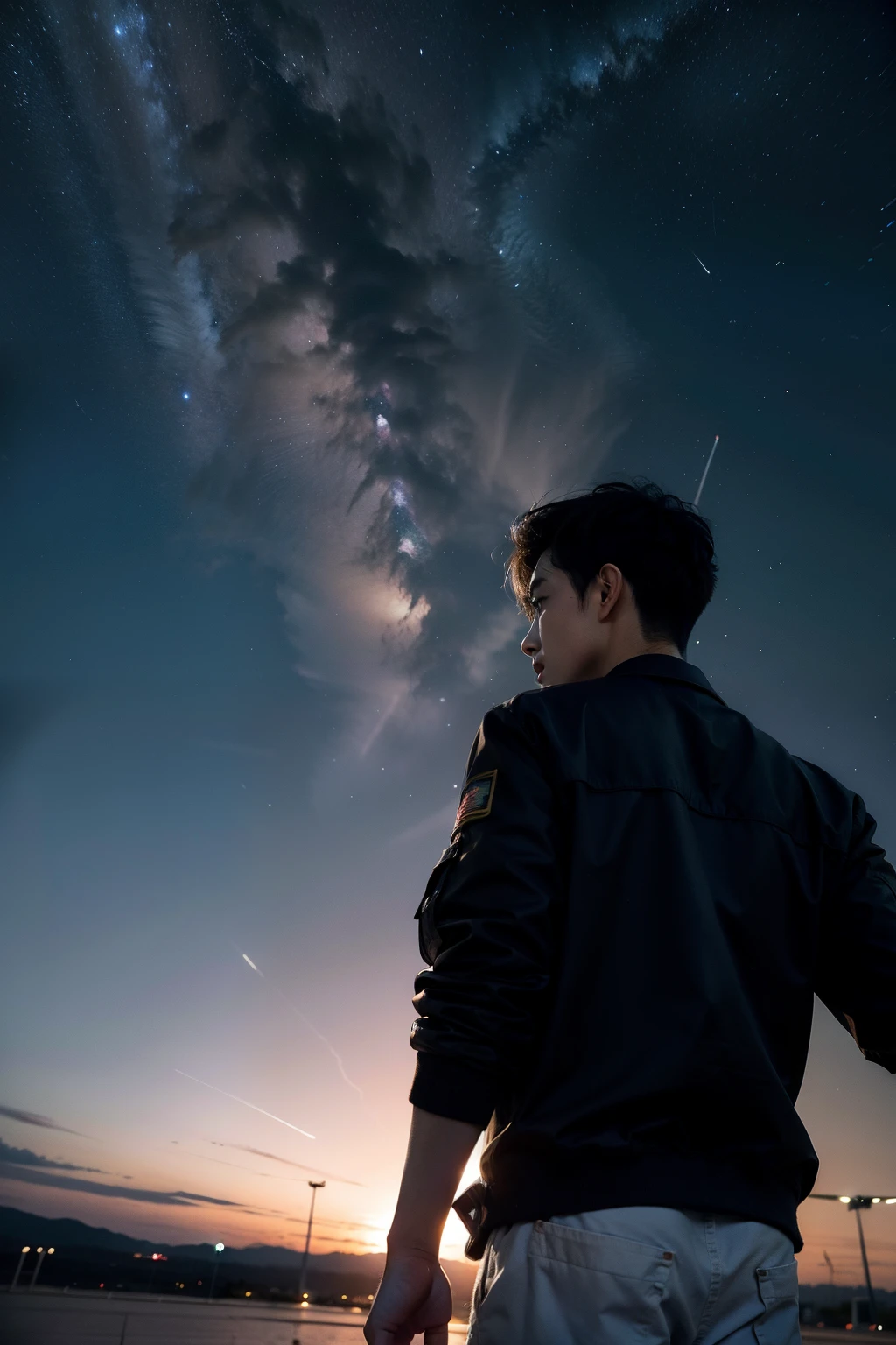 Under the stars,The boy's shadow is far away,The sky is full of stars,A plane flies in the sky。style of anime