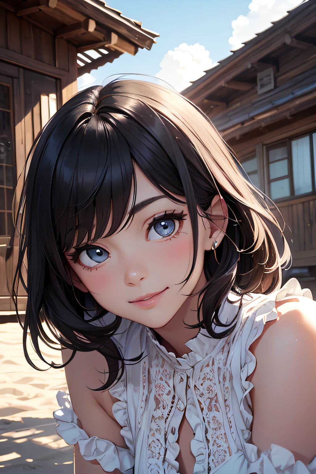 Very cute and beautiful girl,white sundress with small ruffles,(very detailed beautiful face and eyes:1.2),
Smile,Black hair,Dynamic Pose,Dynamic Angle,Looking at Viewer,
Beach,wooden floating cottage,(Best Quality,masutepiece:1.2),(Intricate details),Extremely detailed,hight resolution,
1 girl,Solo,Natural lighting,Hair fluttering in the wind,Beautiful detailed sky,(Realistic),