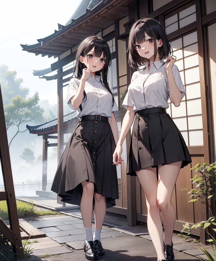 masterpiece, top-quality, The ultra -The high-definition, Top resolution, ighly detailed, profetional lighting, Gray Light Lighting、Low angle from below、Nostalgic scenes、Old wooden school building、Japan wooden house、Archaic landscape panorama、Ancient Minjia、Japanese garden、night landscape、Blowing steam into the landscape、Fog in the landscape、Foggy、Full Body Pose、Combing hair with one hand、Beautuful Women, a small face、de pele branca、a very cute、17 age、Bright smile、Laughing with open mouth、White teeth are visible、(Black hair, midiam)、(Short sleeve cutter shirt、White button shirt、Button Open Shirt)、Beautiful long and thin hip line、Beautiful spine、constricted back、Toned waist、Black underwear、JK Black Skirt 、pleatedskirt、Hip line emphasis black eye,The face is a little red, beutiful breast、Breast is an A cup、Shoes are loafers、