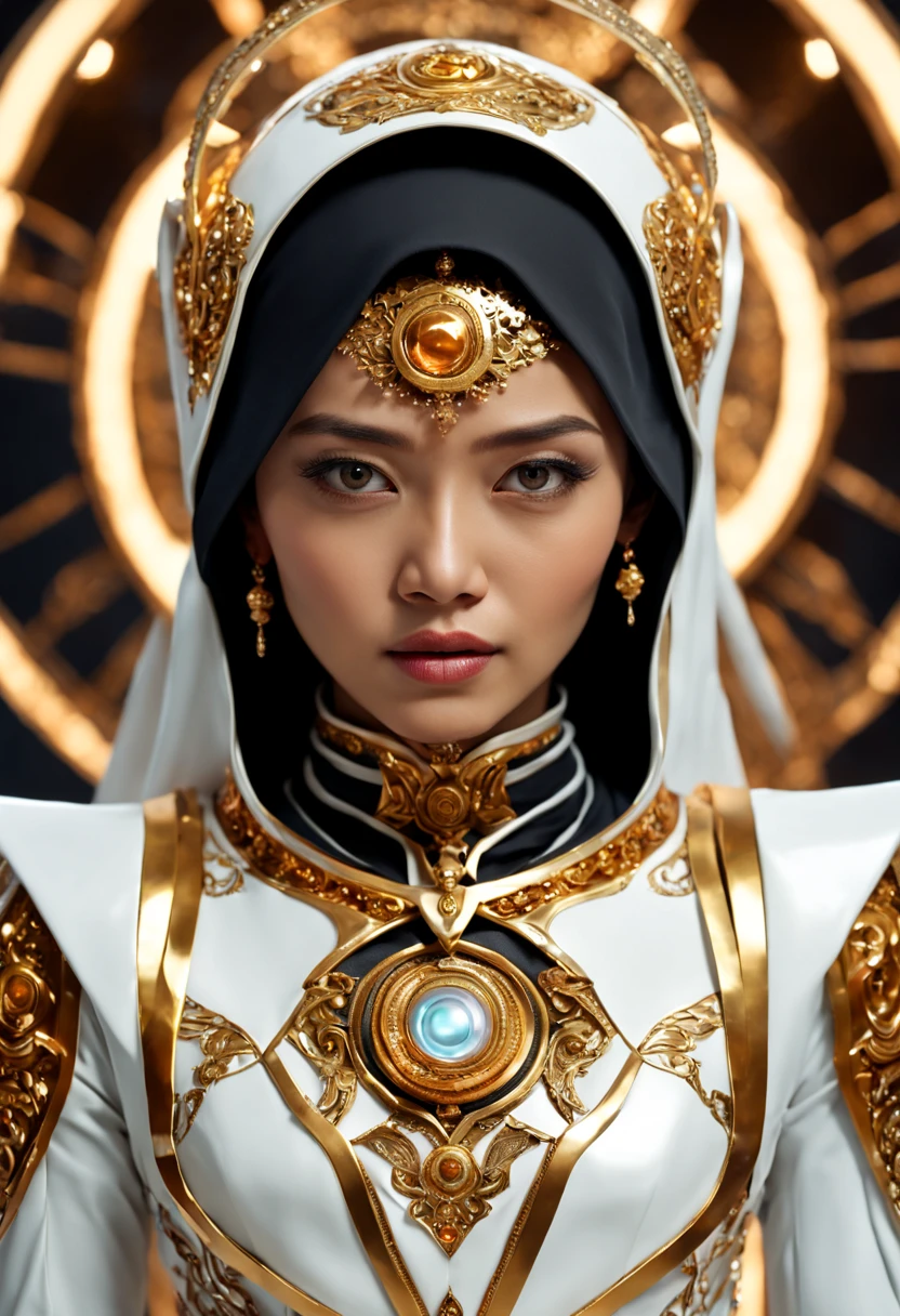 In a futuristic setting, a stunning Muslimah Malay woman takes center stage. She is adorned with intricate metal embellishments, delicately sculpted and hollow inside. Ethereal lights emanate from within, casting a mesmerizing glow. Her attire is a blend of white and gold, exuding a glossy, high-tech aesthetic. The dynamic pose captures the essence of strength and elegance, presented in a full-body 4K render, showcasing the intricacies in a 3D HD masterpiece.