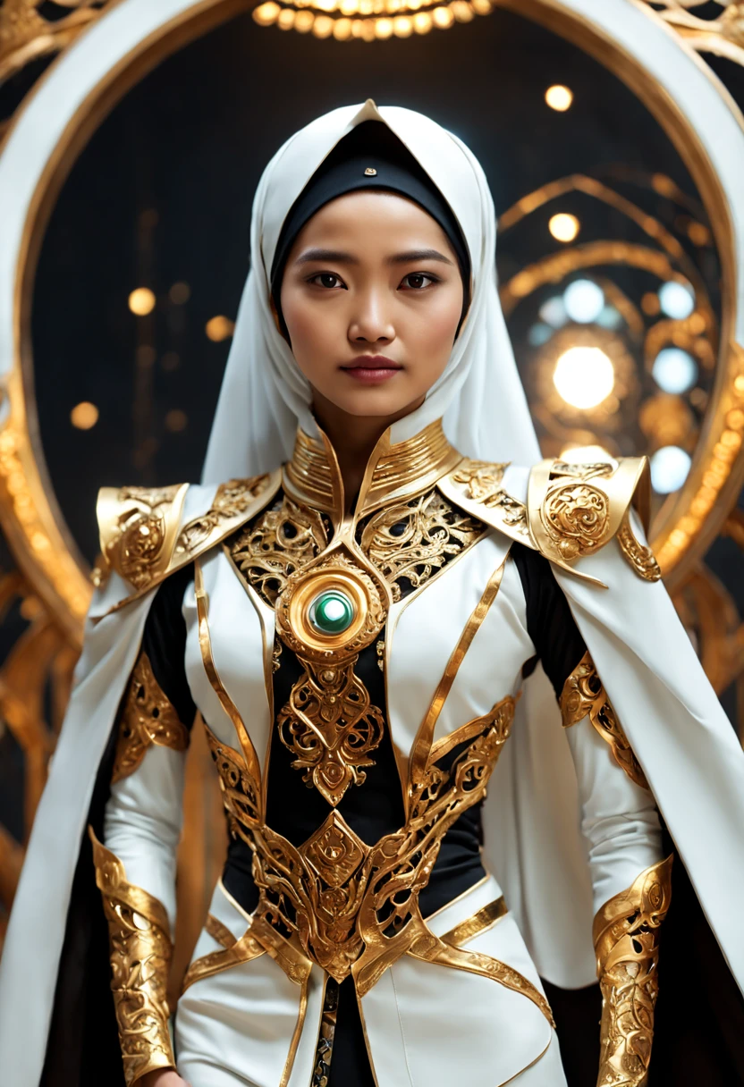 In a futuristic setting, a stunning Muslimah Malay woman takes center stage. She is adorned with intricate metal embellishments, delicately sculpted and hollow inside. Ethereal lights emanate from within, casting a mesmerizing glow. Her attire is a blend of white and gold, exuding a glossy, high-tech aesthetic. The dynamic pose captures the essence of strength and elegance, presented in a full-body 4K render, showcasing the intricacies in a 3D HD masterpiece.