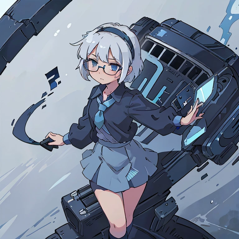 Short white hair, Dark blue shirt,Mini blue skirt with black socks,Blue glasses, Dark blue headband