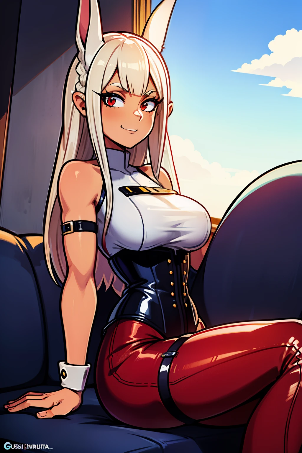 Cute girls,ojos rojos redondos, cabello blanco、orejas de conejo,sin sujetador、sonriendo,Peinado liso medio a largo、（Bigboobs,vestido ajustado latex，Llevar corset azul，En una casa de alquiler，sitting on the couch，Noche，estaba lloviendo afuera，Upper body is wet.,cuerpo entero,lleva leggins rojos de latex