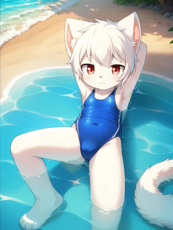 white cat, Alone, External, Red pupils, lying on water, (wet fur:1.4), detailed hair, young white cat，Blue and yellow gradient one-piece swimsuit,Firmware version, furry anime, Realistic anime cat, Bragon, very cute face, face flushed, Playful, young, detailedbackground, Detailed fanart, pixiv, digitial painting, tmasterpiece, high high quality, A high resolution，knelt on the beach