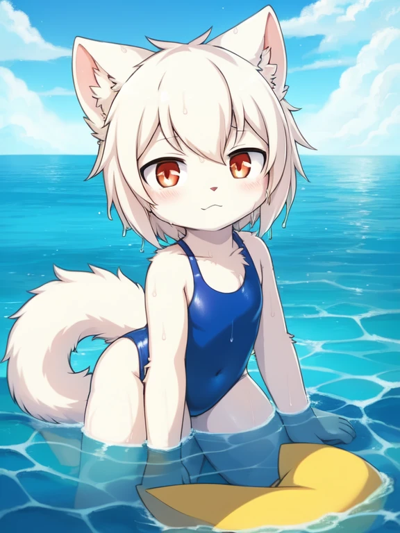 white cat, Alone, External, Red pupils, lying on water, (wet fur:1.4), detailed hair, young white cat,Blue and yellow gradient one-piece swimsuit,Firmware version, furry anime, Realistic anime cat, Bragon, very cute face, face flushed, Playful, young, detailedbackground, Detailed fanart, pixiv, digitial painting, tmasterpiece, high high quality, A high resolution,knelt on the beach