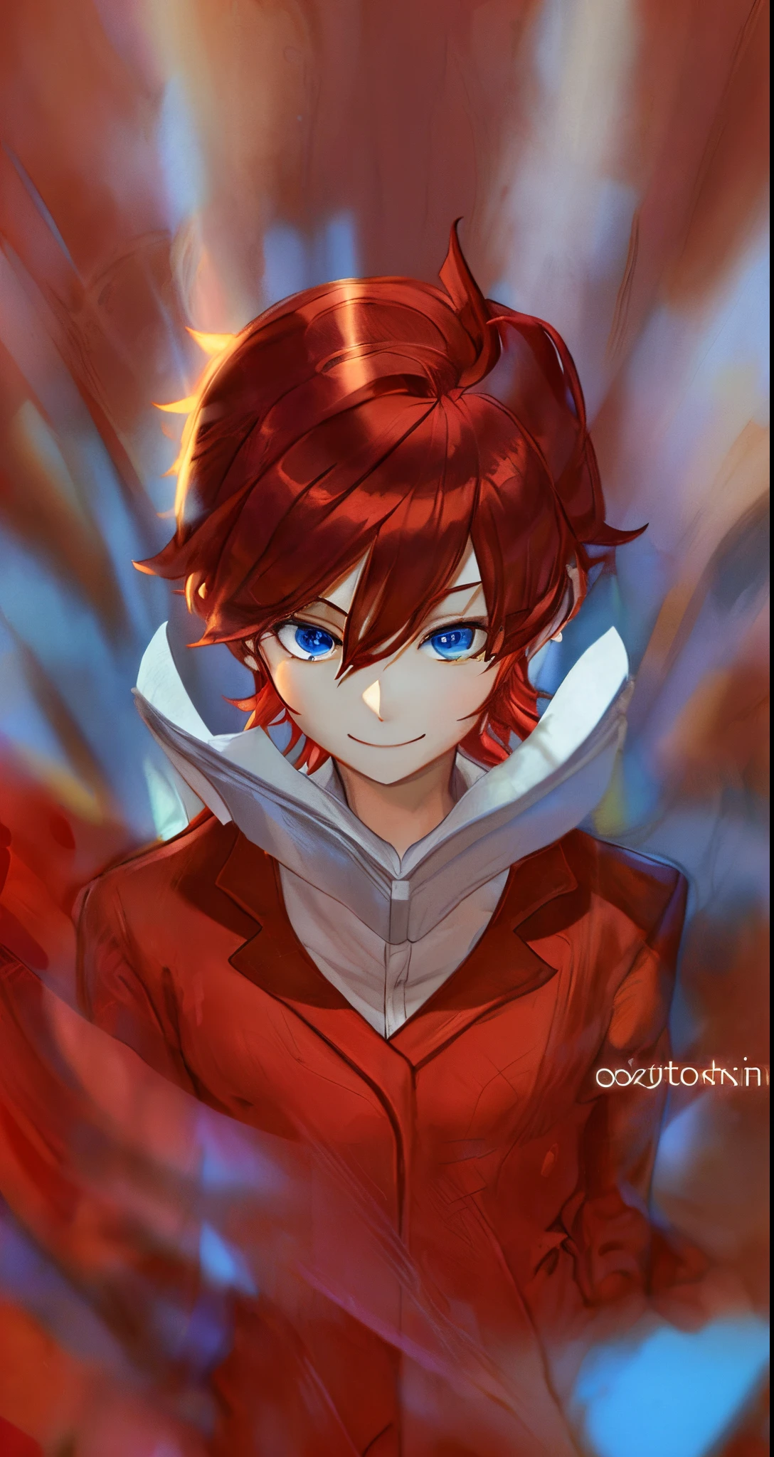 menino , in a red suit, brown hair, With a book in his hands, vibrant background, blue eyes, Kind smile