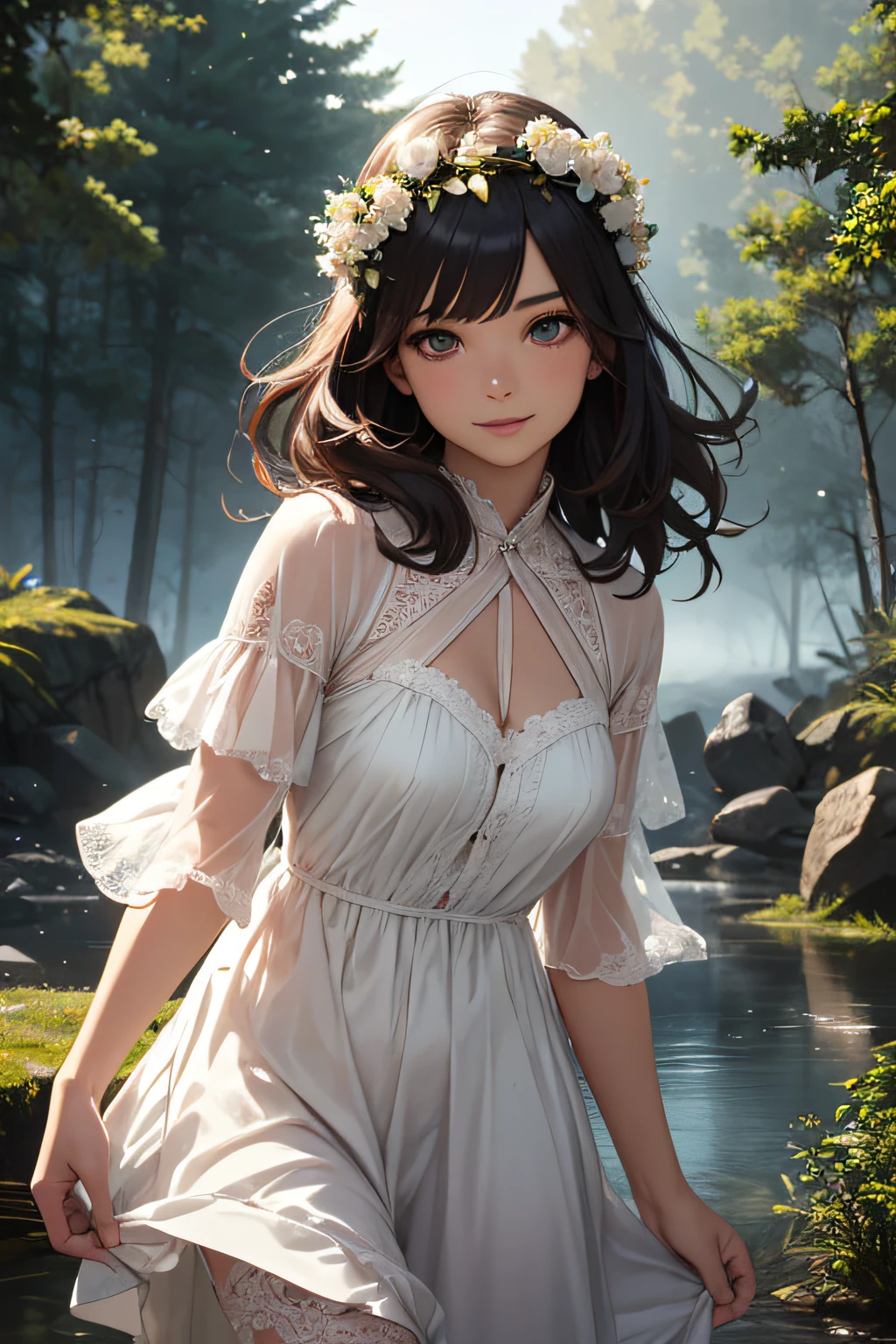 Very cute and beautiful girl,white sundress with small ruffles,(very detailed beautiful face and eyes:1.2),
Cowboy Shot,Detailed legs,Smile,Black hair,flowercrown,
(Standing by a water fountain in the forest),Fog,fantastic stone monument,Detailed landscapes,
(Best Quality,masutepiece:1.2),(Intricate details),Extremely detailed,hight resolution,Solo,
Cinematic lighting,Dim light,Dynamic Angle,Hair fluttering in the wind,(Realistic),