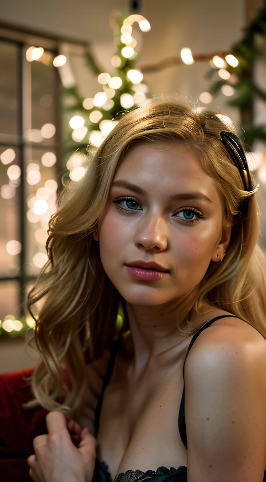 Picture a captivating scene—a blonde muse with hair flowing to her shoulders, striking blue eyes, a silhouette of elegance, adorned in Christmas lingerie, posing for an intimate home photoshoot amidst a backdrop of festive decorations and warm lighting, infusing the atmosphere with joy and sensuality, Photography, shot with a Nikon D850 and a 85mm f/1.8 lens,
