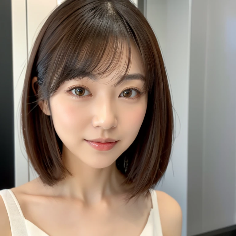 Japan woman in her early 30s。With bob hair、Brown Hair Medium Hair。Slender eyes。Clean face line。Gives a classy impression。Wearing a dress。