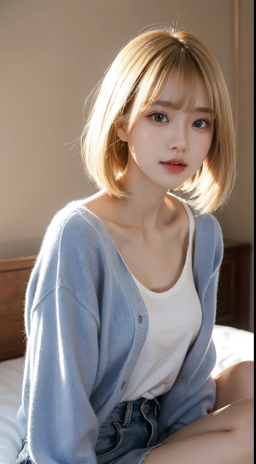 tmasterpiece, 1 beutiful girl, Detailed eyes, pretty eyes, quality, 超A high resolution, (Realistis: 1.4), RAW photogr, 1 pretty girl, cinmatic lighting,a asian beauty, jpn,Europe, is very beautiful, Beautiful skins, slim, body facing the front, (Ultra photo realsisim), (A high resolution), (8 K), (The is very detailed), (Most Best Illustration), (美丽细致的眼睛), (超詳細), 详细的脸, looking at viewert,ssmile, Staring straight ahead, Neat clothes, 无袖,short detailed hair,blond hairbl,slanted bangs,white backgrounid,tidy room,