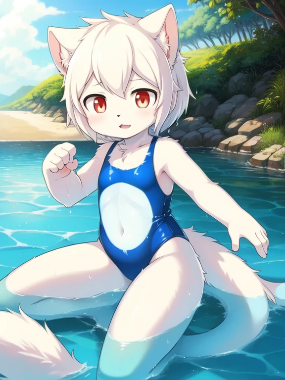 white cat, Alone, External, Red pupils, lying on water, (wet fur:1.4), detailed hair, young white cat，Blue and yellow gradient one-piece swimsuit,Firmware version, furry anime, Realistic anime cat, Bragon, very cute face, face flushed, Playful, young, detailedbackground, Detailed fanart, pixiv, digitial painting, tmasterpiece, high high quality, A high resolution，knelt on the beach