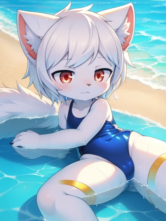 white cat, Alone, External, Red pupils, lying on water, (wet fur:1.4), detailed hair, young white cat,Blue and yellow gradient one-piece swimsuit,Firmware version, furry anime, Realistic anime cat, Bragon, very cute face, face flushed, Playful, young, detailedbackground, Detailed fanart, pixiv, digitial painting, tmasterpiece, high high quality, A high resolution,knelt on the beach