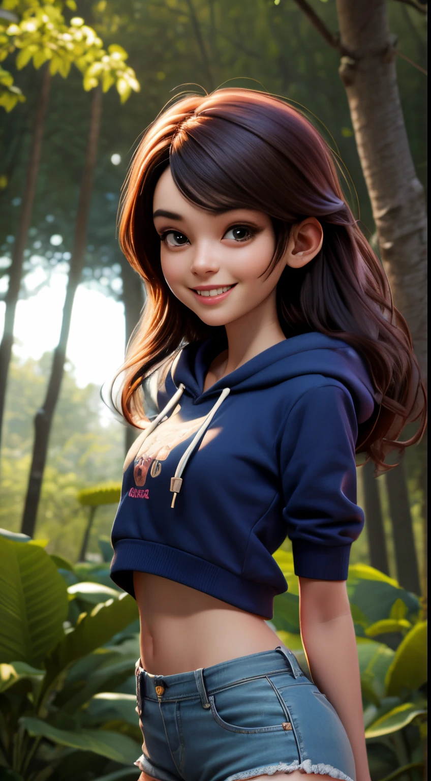 high quality 3d image of close up,smiling,looking at the camera,masterpiece,high detail,shorts,hoody,in a forest,exposed midriff,standing,