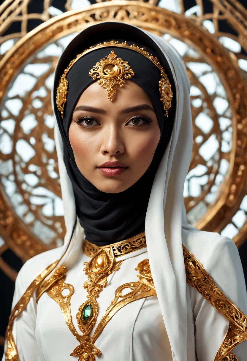 In a futuristic setting, a stunningly Beautiful Hijabi Malay woman takes center stage. She is adorned with intricate metal embellishments, delicately sculpted and hollow inside. Ethereal lights emanate from within, casting a mesmerizing glow. Her attire is a blend of white and gold, exuding a glossy, high-tech aesthetic. The dynamic pose captures the essence of strength and elegance, presented in a full-body 4K render, showcasing the intricacies in a 3D HD masterpiece.