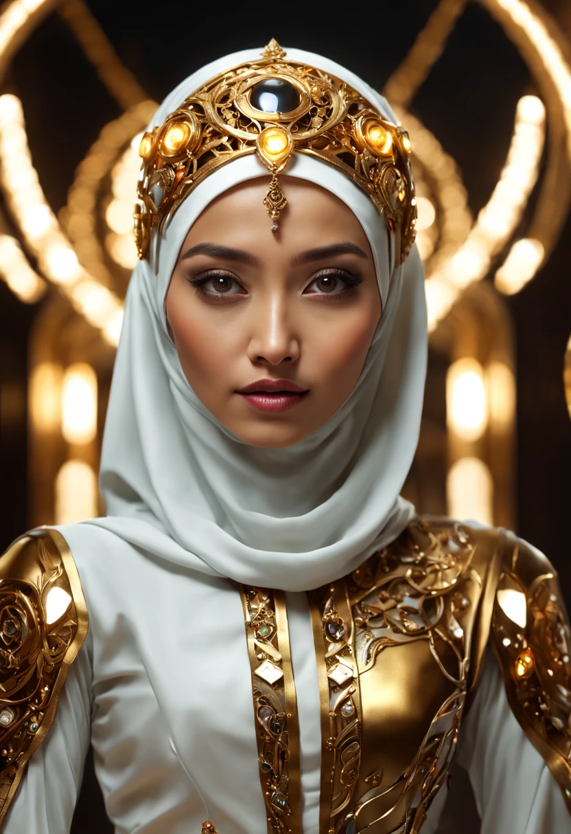 In a futuristic setting, a stunningly Beautiful Hijabi Malay woman takes center stage. She is adorned with intricate metal embellishments, delicately sculpted and hollow inside. Ethereal lights emanate from within, casting a mesmerizing glow. Her attire is a blend of white and gold, exuding a glossy, high-tech aesthetic. The dynamic pose captures the essence of strength and elegance, presented in a full-body 4K render, showcasing the intricacies in a 3D HD masterpiece.