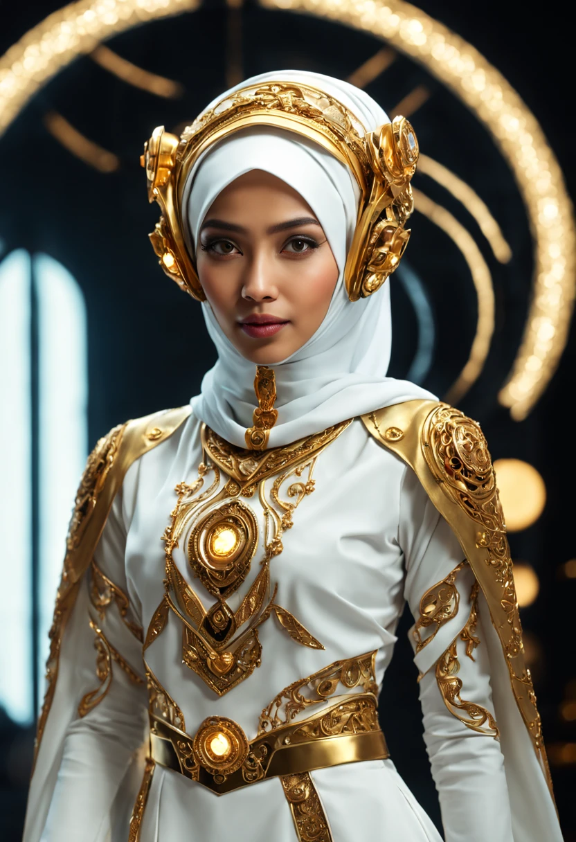 In a futuristic setting, a stunningly Beautiful Hijabi Malay woman takes center stage. She is adorned with intricate metal embellishments, delicately sculpted and hollow inside. Ethereal lights emanate from within, casting a mesmerizing glow. Her attire is a blend of white and gold, exuding a glossy, high-tech aesthetic. The dynamic pose captures the essence of strength and elegance, presented in a full-body 4K render, showcasing the intricacies in a 3D HD masterpiece.