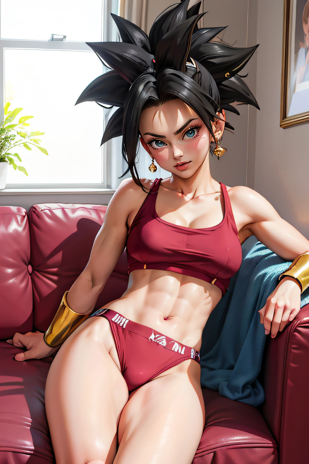 (Masterpiece), (Best quality), 1fille,sitting on a comfortable sofa,Soft Light, Kefla, KeflaSS, Super Saiyan, (grosse poitrine :1.3), crop top, grande robe, muscles, ABS, big boobs