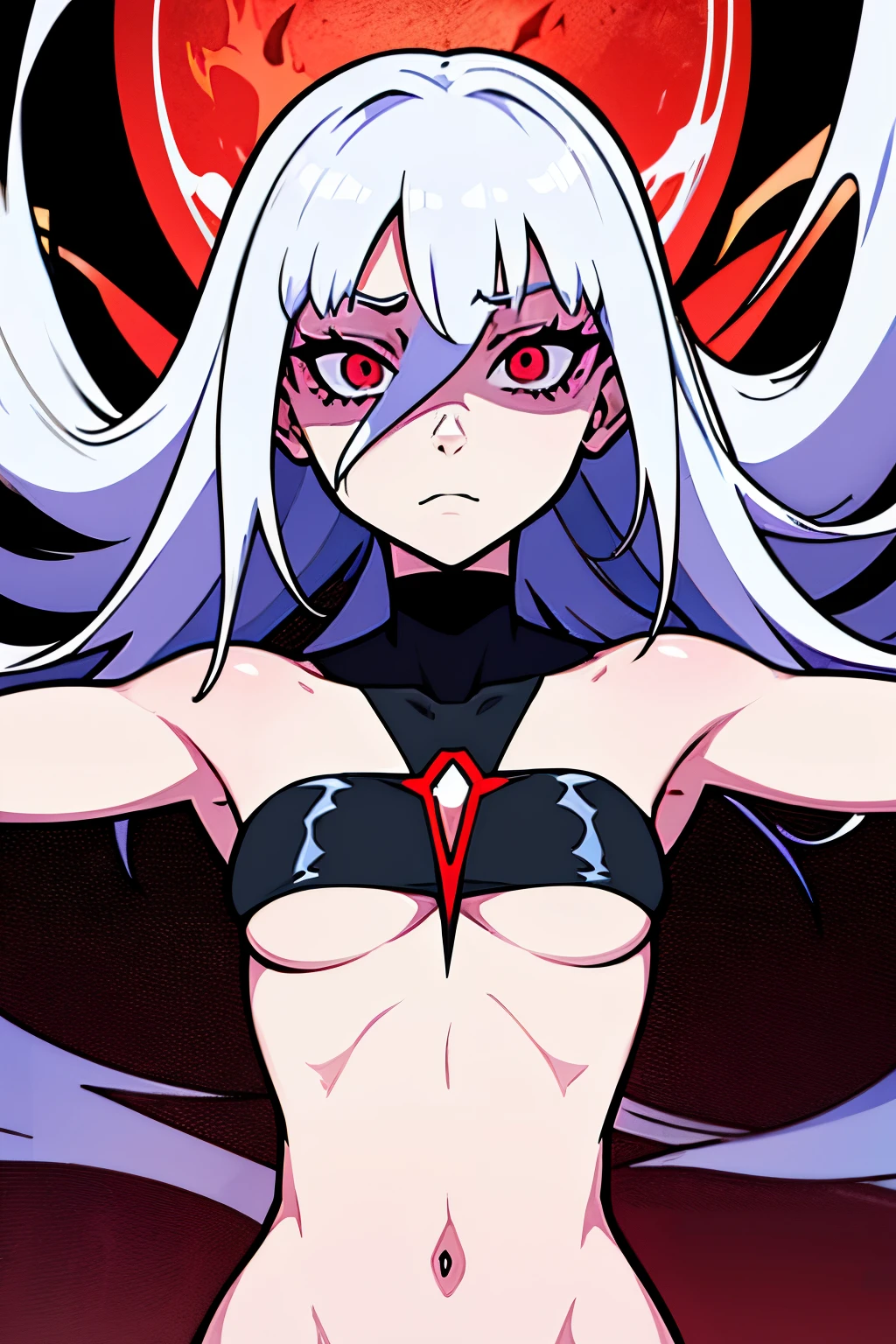 anime girl with white hair and red eyes with arms outstretched, insanity girl summon her death, gapmoe yandere grimdark, with red glowing eyes, girl with white hair, white haired deity, scary queen of death, 1 7 -  - old me goth girl, kerli koiv as anime girl, inspired by Rei Kamoi, ufotable art style, flat chest, skinny body