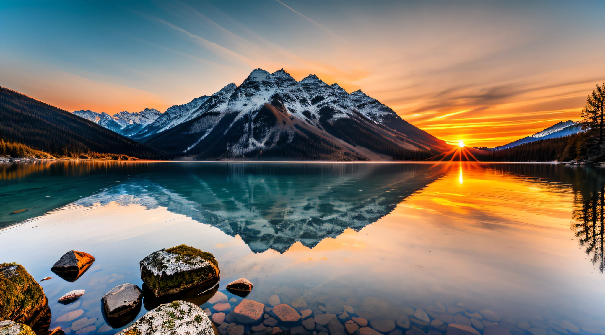 sunset on mountain, lake under montain