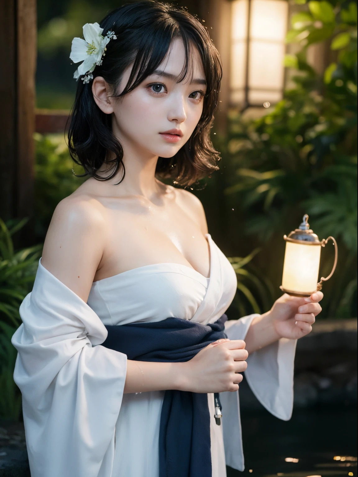 1girl in, breasts, Moon, lantern, Night, Solo, Large breasts, Hair Ornament, Wet, Kimono, komono, playing in the water, Water, Hair Flower, flower, Outdoors, skyporn, fullmoon, Rain, Black hair, off shoulders, mont, cloud, Holding, sash, Bare shoulders,  lantern, Standing, White kimono, nigh sky, sideboob barbosa, Obi, Wet clothes, Bangs, tree, From Side, reflection, Short hair, Cloudy sky, Wet hair (((masutepiece),(the Extremely Detailed CG Unity 8K Wallpapers),Best Quality,,Solo,1girl in,Cinematic lighting,Detailed background,Beautiful detailed eyes,Bright pupils, (extremely delicate and beautiful),(Beautiful and detailed eyes description)， Ultra-detailed,masutepiece,)),