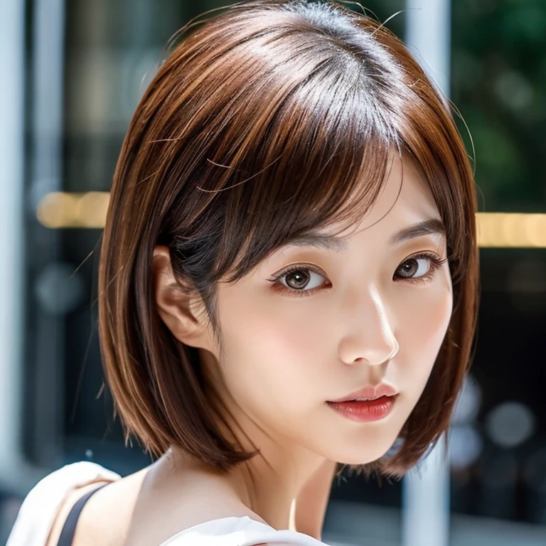 Japan woman in her early 30s。With bob hair、Brown Hair Medium Hair。Slender eyes。Clean face line。Gives a classy impression。Wearing a black blouse。