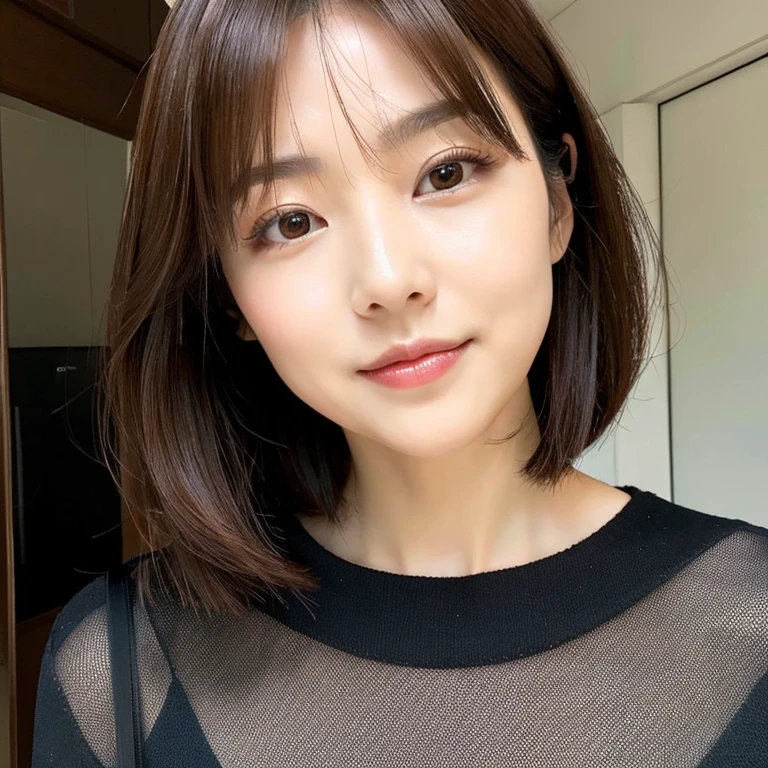 ((top-quality)), long legged, foco nítido:1.2, Beautiful woman with perfect body shape:1.4, Slender Abs:1.1, ((dark brown short hair、Colossal tits:1.2)), (Shiny Silver Tight T-Shirt, The sheen、Standing Black Spats:1.2), Detailed face and skin texture, A detailed eye,a room