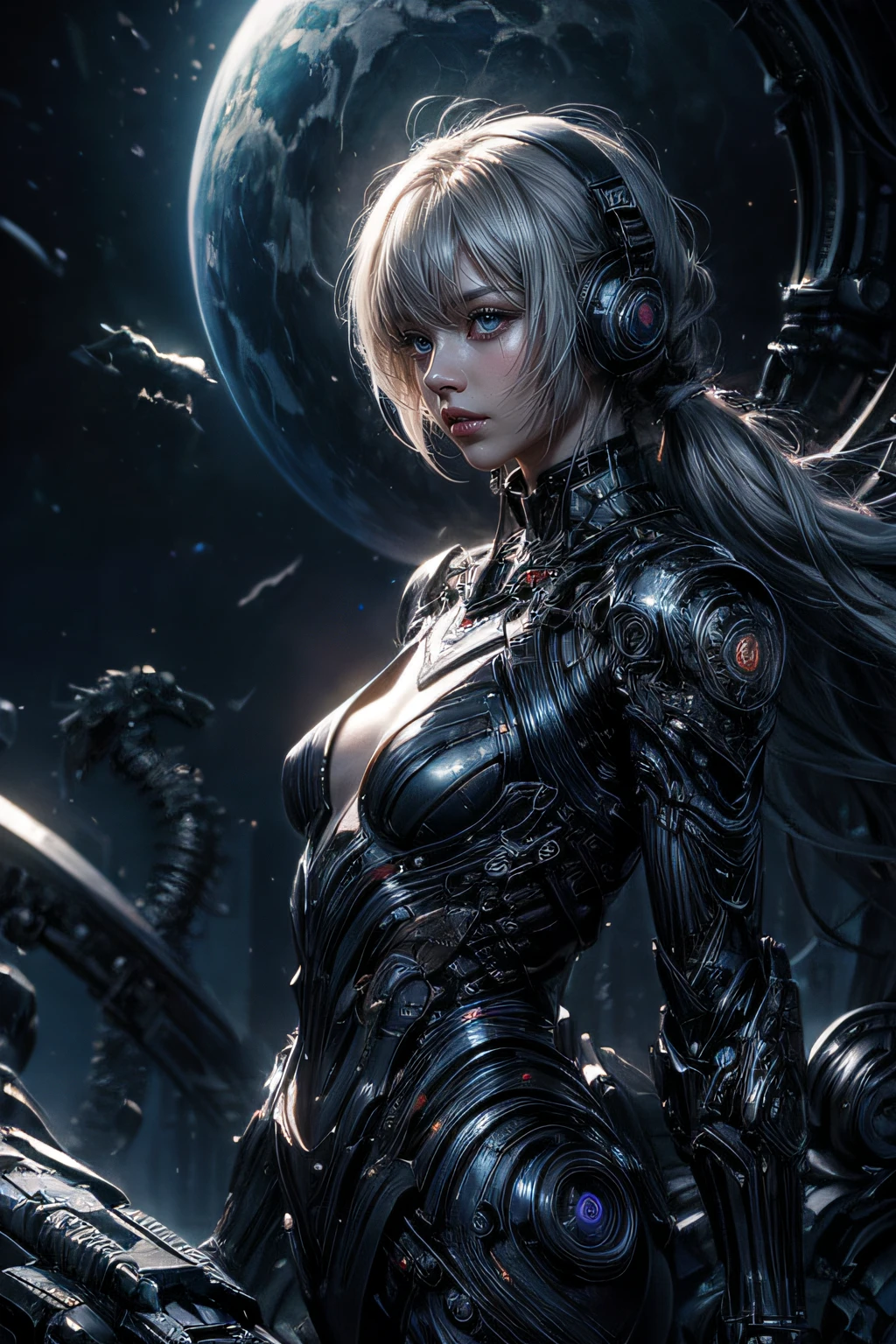 ticker mechanism, Beautiful eyes, Upper body, (Mechanic Armor), Portrait、abyss、Shooting with a wide-angle lens,Lightning from Kaleidoscope Hand、flying though the air、flawless、Neon light, 8K, raw, Best Quality, masutepiece, 超A high resolution, Colorful, (medium wide shot), (Dynamic perspective), foco nítido , (depth of field f16), extremely detailed eye and face,ninjartist, Trimmed gear:1.2), ((masutepiece, Best Quality)), Detailed background, Inside the spacecraft、Hold your weapon、Double exposure of a person and a spiral、(Gray hair)、brue eyes、poneyTail、dirty、bio luminescent、lots of crescent moons、Photographed with Canon R5、Dark Fantasy,masterpiece,connected to the plug、spectrum、Space City、Highly detailed beautiful porcelain profile female android face、Complex 3D rendering of a headset、cyborgs、roboticparts、150mm、Beautiful studio soft lights、Rim Light、Vivid details、luxuriouscyberpunk、Ren Hao、surrealistic、Anatomical、Beautiful background of facial muscles、octan render、8K、top-quality、masterpiece、illustratio、extremely delicate and beautiful、ighly detailed、nffsw ,Unity ,wall-,magnifica, Attention to detail, masterpiece,top-quality,Official art,Highly detailed ticker Unity 8K wallpapers、机器人、Silver Halmet、((full body Esbian))