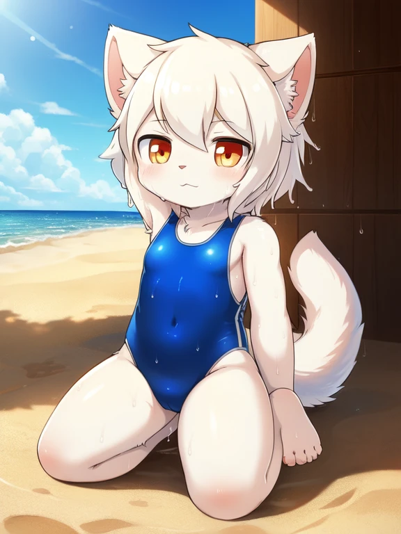 white cat, Alone, External, Red pupils,, (wet fur:1.4), detailed hair, young white cat，Blue and yellow gradient one-piece swimsuit,Firmware version, furry anime, Realistic anime cat, Bragon, very cute face, face flushed, Playful, young, detailedbackground, Detailed fanart, pixiv, digitial painting, tmasterpiece, high high quality, A high resolution，knelt on the beach