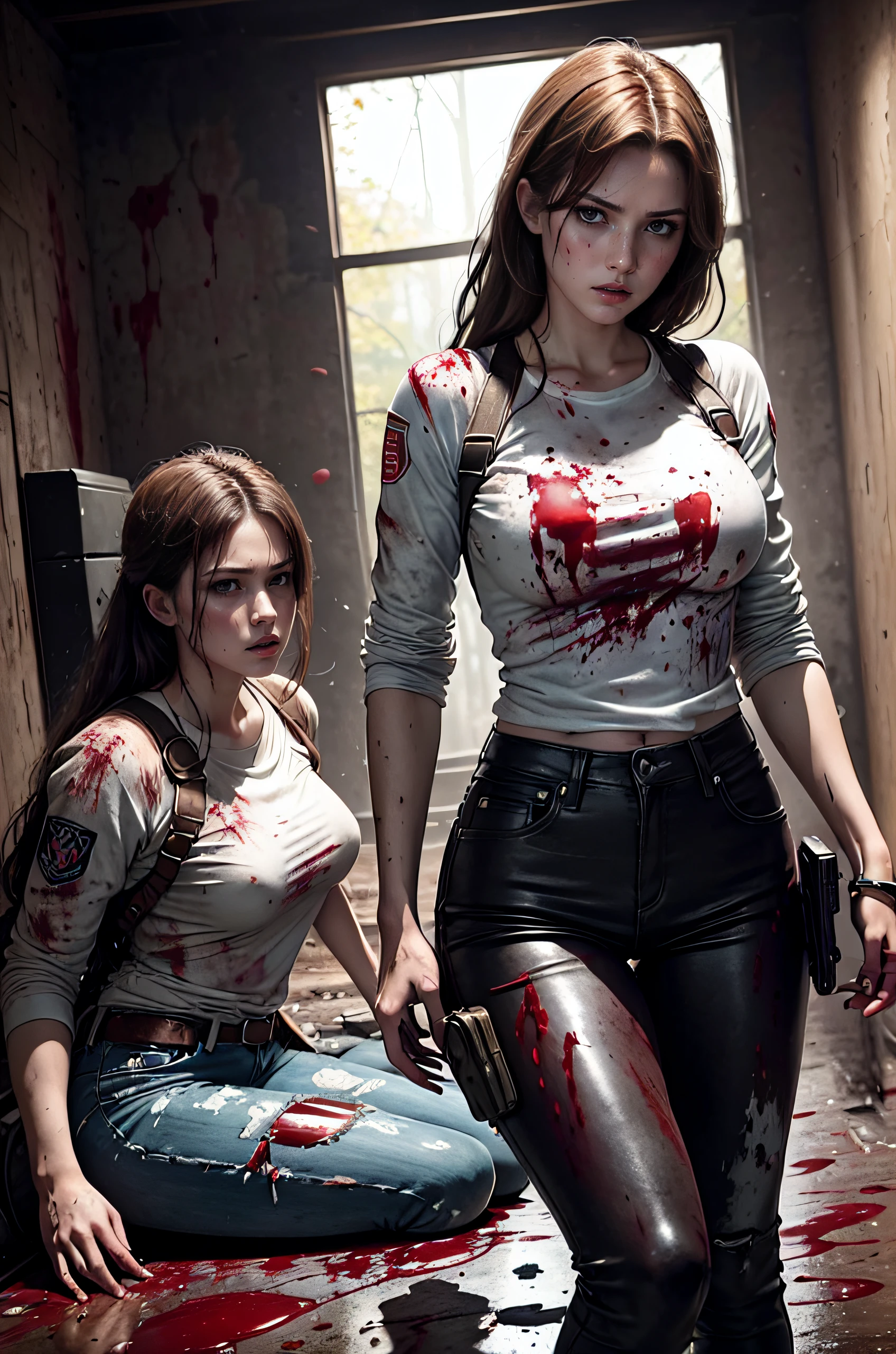 Realistic, shaded, photorealism, high quality, 1 Beautiful girl, redhead,, messy long hair, glasses, thick thighs and thick short skirt with a small tanktop, garter belt, psychopath expression and psychotic big smile, clothes with blood stains and dirt, blood stains on her face, dark environment, warehouse, running, handling a knife