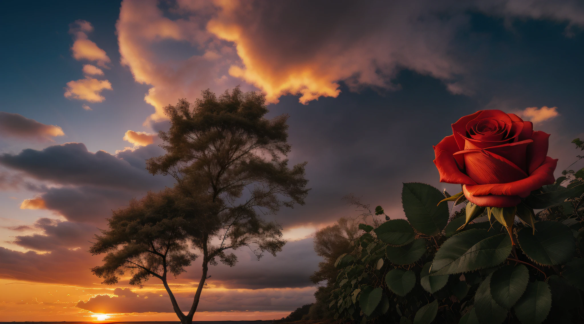 The sky is a magnificent sunset， The front is covered with delicate roses， The color of the roses is gorgeous， The whole picture is full of romance，actual，high detal， actual， color difference， lightand shade contrast， hyper HD， tmasterpiece， Acura， Anatomical correct， super detailing， high detal， high high quality， Award-Awarded， Best quality at best， A high resolution，16k