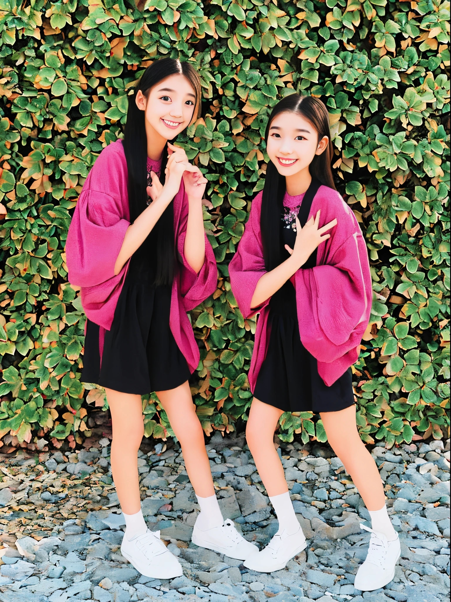 Two girls that are sisters they have tom boy like outfits eyes are pretty and they have gorgeous hair they are holding each other hands