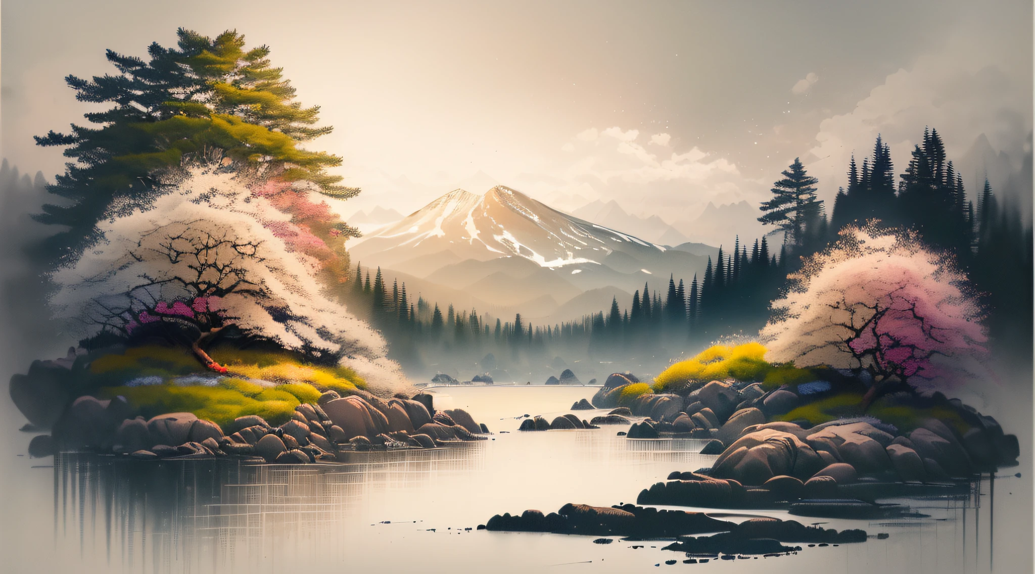 (Best quality,4K,8K,A high resolution,tmasterpiece:1.2),ultra - detailed,(actual,realistically,realisticlying:1.37),white backgrounid,scenecy,ink,Monte,Eau,that tree,Colorful trees,draw a circle,The landscape,in pastel shades,gentlesoftlighting