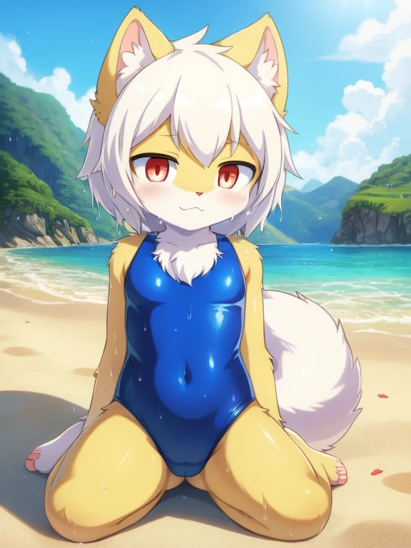 white cat, Alone, External, Red pupils,, (wet fur:1.4), detailed hair, young white cat，Blue and yellow gradient one-piece swimsuit,Firmware version, furry anime, Realistic anime cat, Bragon, very cute face, face flushed, Playful, young, detailedbackground, Detailed fanart, pixiv, digitial painting, tmasterpiece, high high quality, A high resolution，knelt on the beach