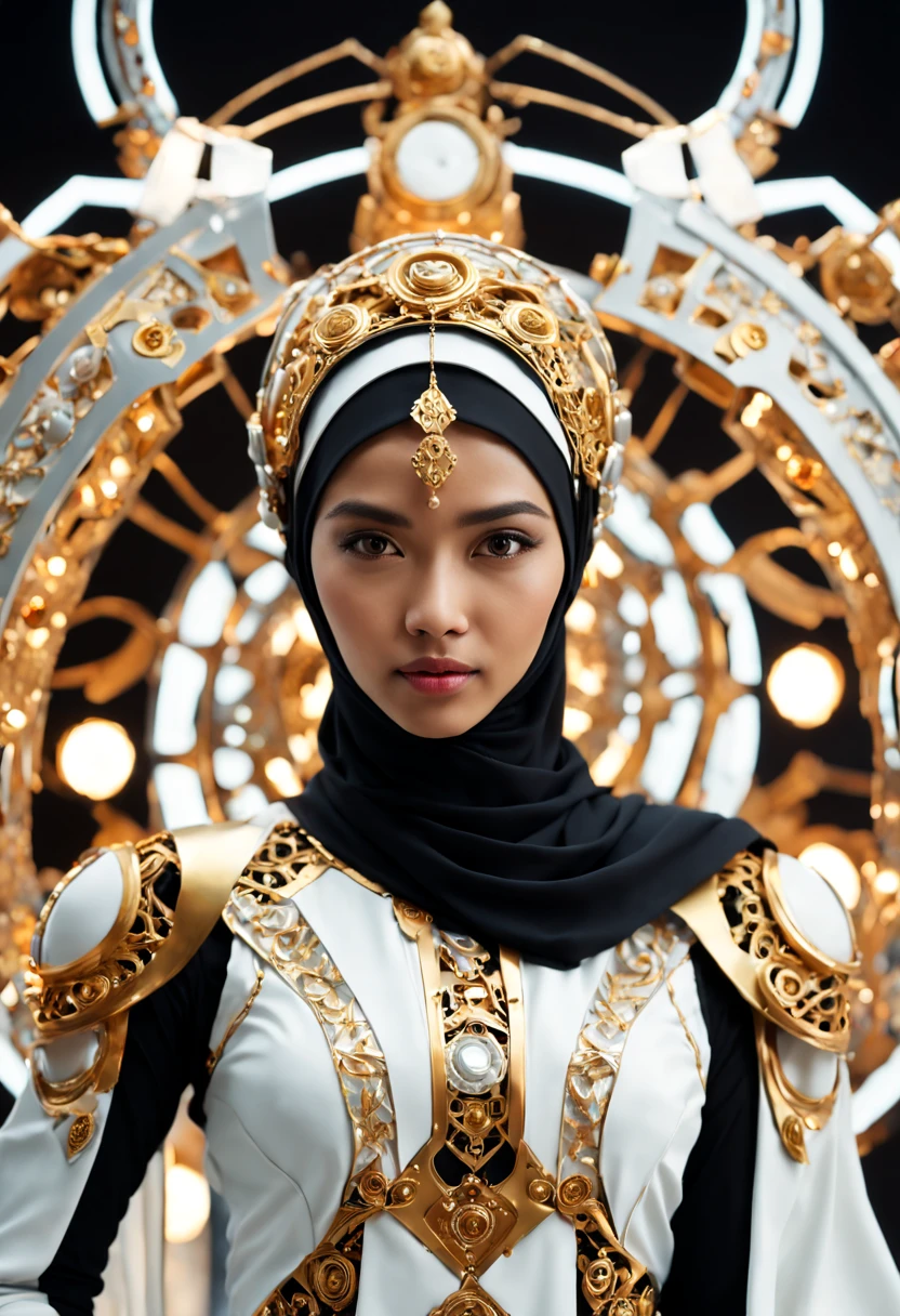 In a futuristic setting, a stunningly Beautiful Hijabi Malay woman takes center stage. She is adorned with intricate metal embellishments, delicately sculpted and hollow inside. Ethereal lights emanate from within, casting a mesmerizing glow. Her attire is a blend of white and gold, exuding a glossy, high-tech aesthetic. The highly dynamic pose captures the essence of strength and elegance, presented in a full-body 4K render, showcasing the intricacies in a 3D HD masterpiece. The background encompass of high-tech mechanical environment in out-of-focuss view.