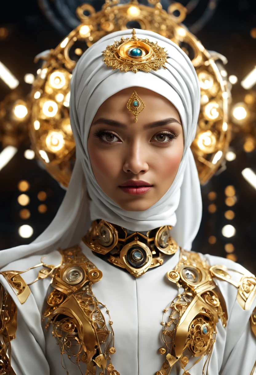 In a futuristic setting, a stunningly Beautiful Hijabi Malay woman takes center stage. She is adorned with intricate metal embellishments, delicately sculpted and hollow inside. Ethereal lights emanate from within, casting a mesmerizing glow. Her attire is a blend of white and gold, exuding a glossy, high-tech aesthetic. The highly dynamic pose captures the essence of strength and elegance, presented in a full-body 4K render, showcasing the intricacies in a 3D HD masterpiece. The background encompass of high-tech mechanical environment in out-of-focuss view.