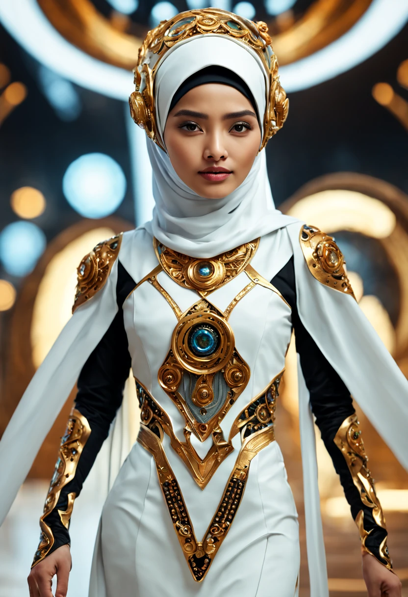 In a futuristic setting, a stunningly Beautiful Hijabi Malay woman takes center stage. She is adorned with intricate metal embellishments, delicately sculpted and hollow inside. Ethereal lights emanate from within, casting a mesmerizing glow. Her attire is a blend of white and gold, exuding a glossy, high-tech aesthetic. The highly dynamic pose captures the essence of strength and elegance, presented in a full-body 4K render, showcasing the intricacies in a 3D HD masterpiece. The background encompass of high-tech mechanical environment in out-of-focuss view.