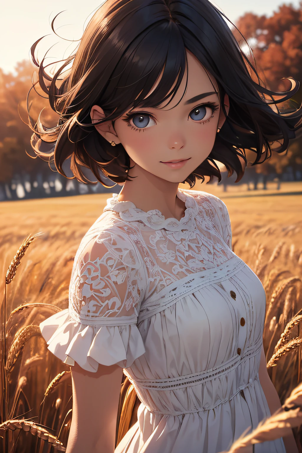Very cute and beautiful girl,white sundress with small ruffles,(very detailed beautiful face and eyes:1.2),
Standing on the path between wheat fields,Autumn,
Cowboy Shot,Smile,Black hair,Dynamic Pose,Dynamic Angle,
(Best Quality,masutepiece:1.2),(Intricate details),Extremely detailed,hight resolution,
Solo,Cinematic lighting,Dim light,Hair fluttering in the wind,(Realistic),