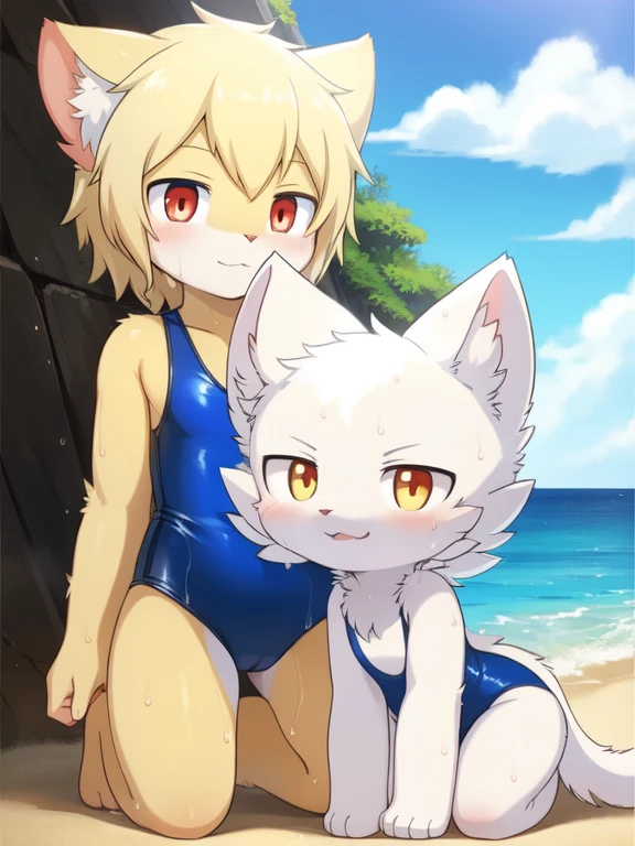 white cat, Alone, External, Red pupils,, (wet fur:1.4), detailed hair, young white cat,Blue and yellow gradient one-piece swimsuit,Firmware version, furry anime, Realistic anime cat, Bragon, very cute face, face flushed, Playful, young, detailedbackground, Detailed fanart, pixiv, digitial painting, tmasterpiece, high high quality, A high resolution,knelt on the beach