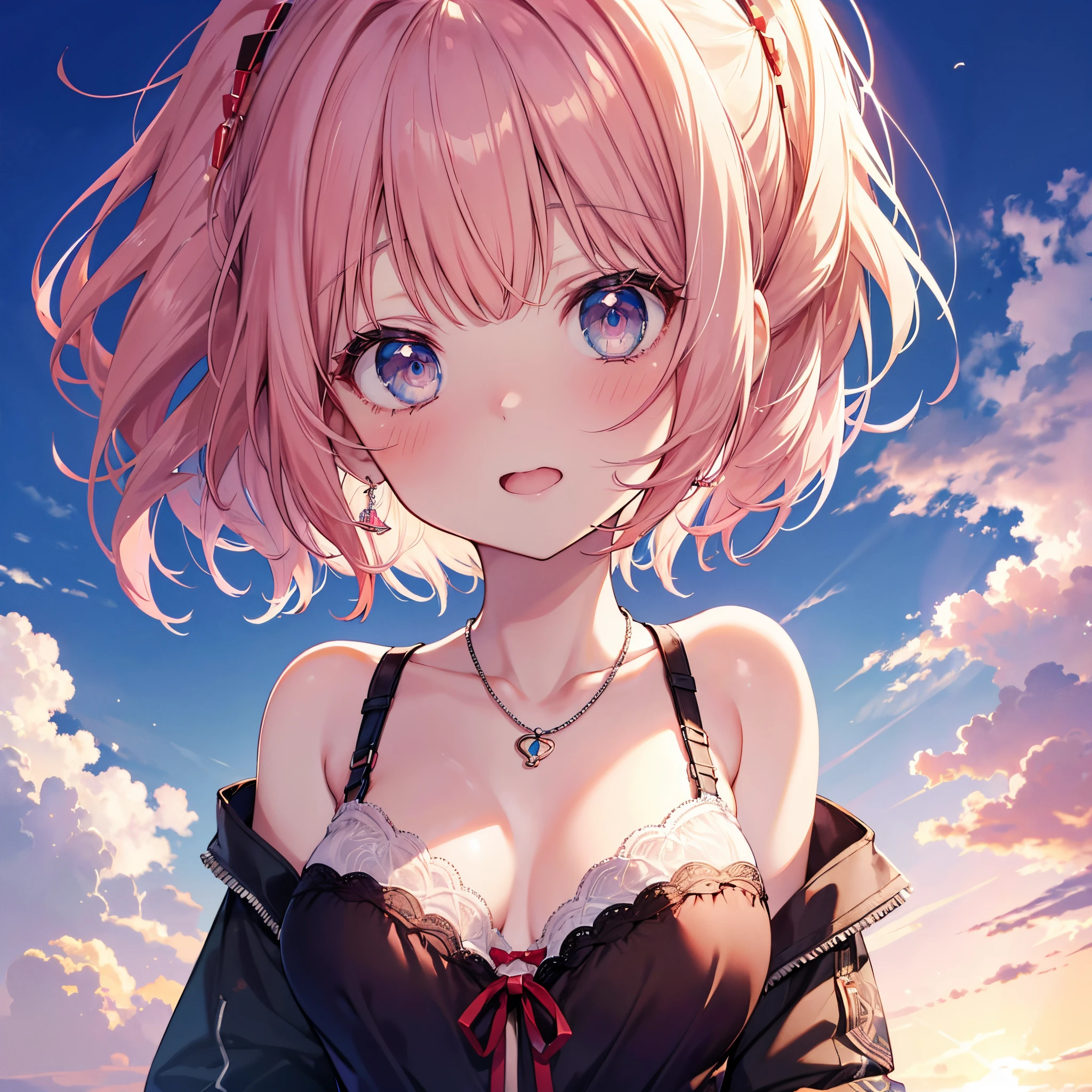 absurderes, ultra-detailliert,bright colour, extremely beautiful detailed anime face and eyes, view straight on, ;D, shiny_skin,25 years old, Short hair, , Asymmetrical bangs and short twintails:1.4),(Wearing a change of clothes:1.7),(bra very:1.4),Shiny hair, Delicate beautiful face,(Surprised:1.4) ,red blush、Blue eyes, White skin, hair clips, earrings, a necklace,(Brown sleeveless:1.2), Beautiful cloud, Dusk sky,