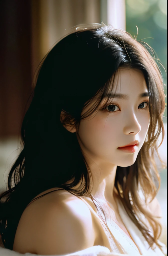 film portrait photography, 1girl, bare shoulders, wavy shoulder-length hair, serene, calm, (realistic detailed eyes, natural skin texture, realistic face details), soft dramatic lighting, depth of field, bokeh, vibrant details, finely detailed, hyperrealistic, 35mm film, hazy blur, filmg, bath robe