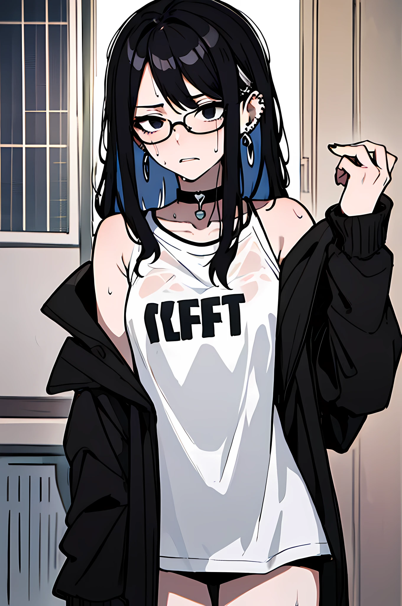 (masterpiece), best quality, expressive eyes, highres, anatomically correct, 1girl, perfect face, perfect hands, female, pale, glasses, messy hair, black hair, very long hair, black eyes, glasses, weak, tired, small breasts, graphic t-shirt, gothic, emo, goth, exposed left shoulder, piercings, ear piercings, lip piercings, fatigue, eye-bags, sore, blank eyes, expressionless, weak, crazy face, crazy eyes, swept bangs, choker, standing, freaked out, shocked, nervous, stressed, sweating, black hair, black eyes, wet shirt, black jacket,