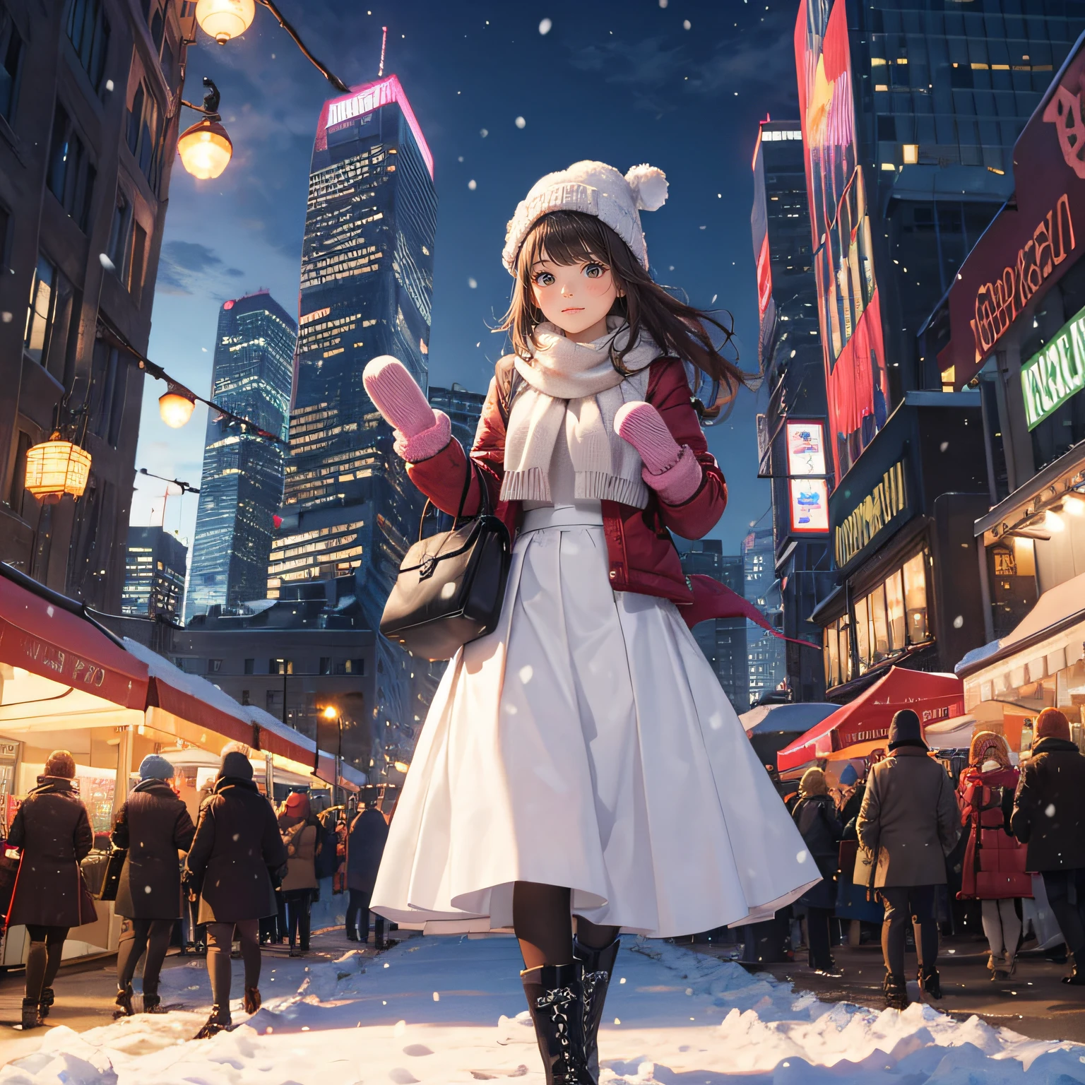 high-definition images, atmospheric perspective, 8k, super detail, accurate, best quality, angle from below, a woman, drooping eyes, blush, walking through a winter park in the city, she has a plastic bag, food track, busy, skyscrapers, snowing, (white breath), (long skirt), thick tights, high boots, shoulder bag, knit hat, mittens