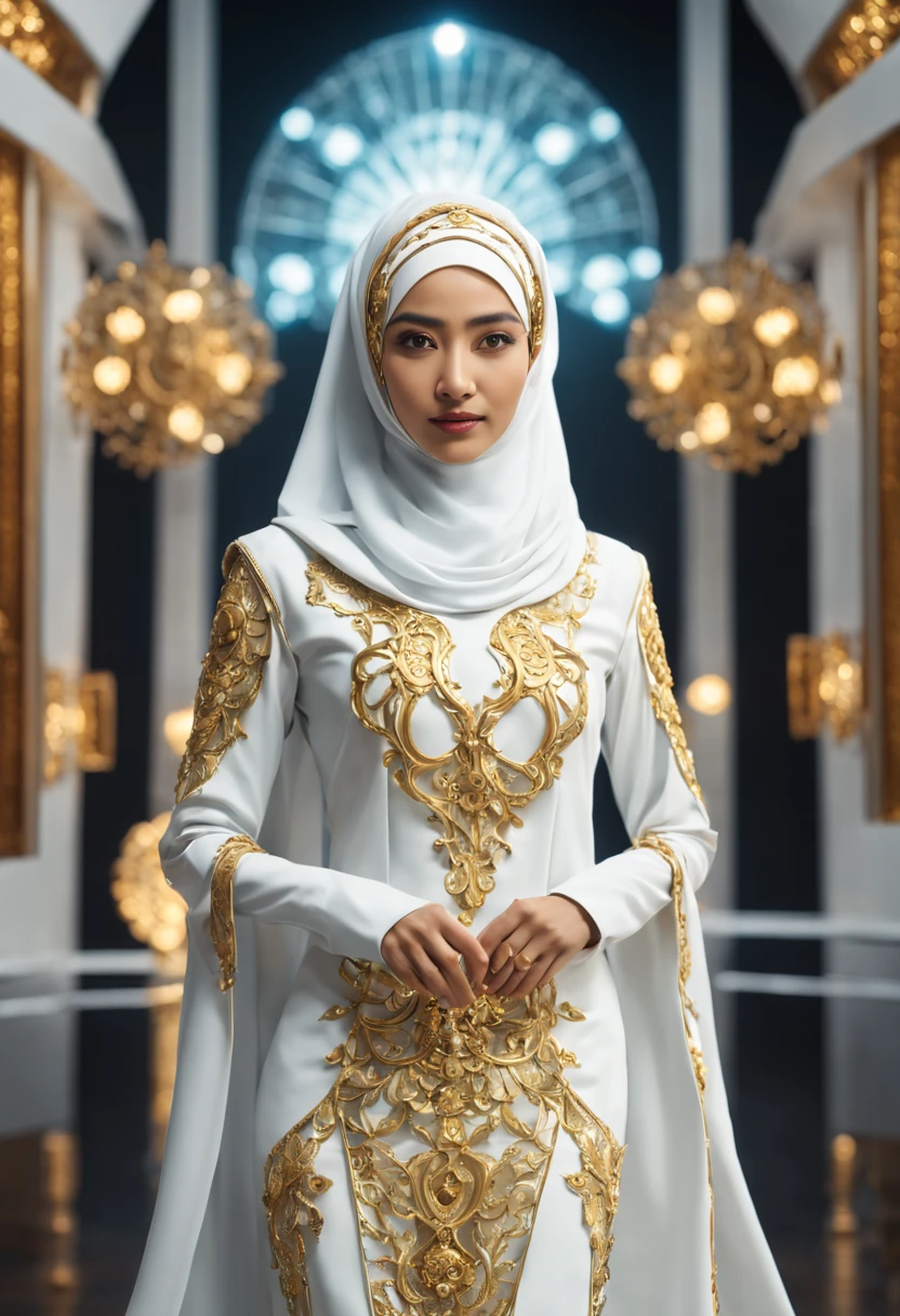 In a futuristic setting, a stunningly Beautiful Hijabi Malay woman takes center stage. She is adorned with intricate metal embellishments, delicately sculpted and hollow inside. Ethereal lights emanate from within, casting a mesmerizing glow. Her attire is a blend of white and gold, exuding a glossy, high-tech aesthetic. The highly dynamic pose captures the essence of strength and elegance, presented in a full-body 4K render, showcasing the intricacies in a 3D HD masterpiece. The background encompass of high-tech mechanical environment in out-of-focuss view.